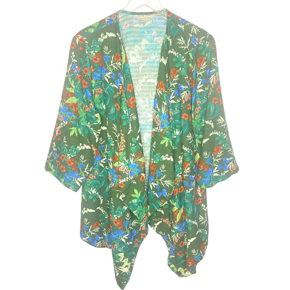 Soft Surroundings Green Red Blue White Floral Cascade 3/4 Sleeve Jacket Size XL